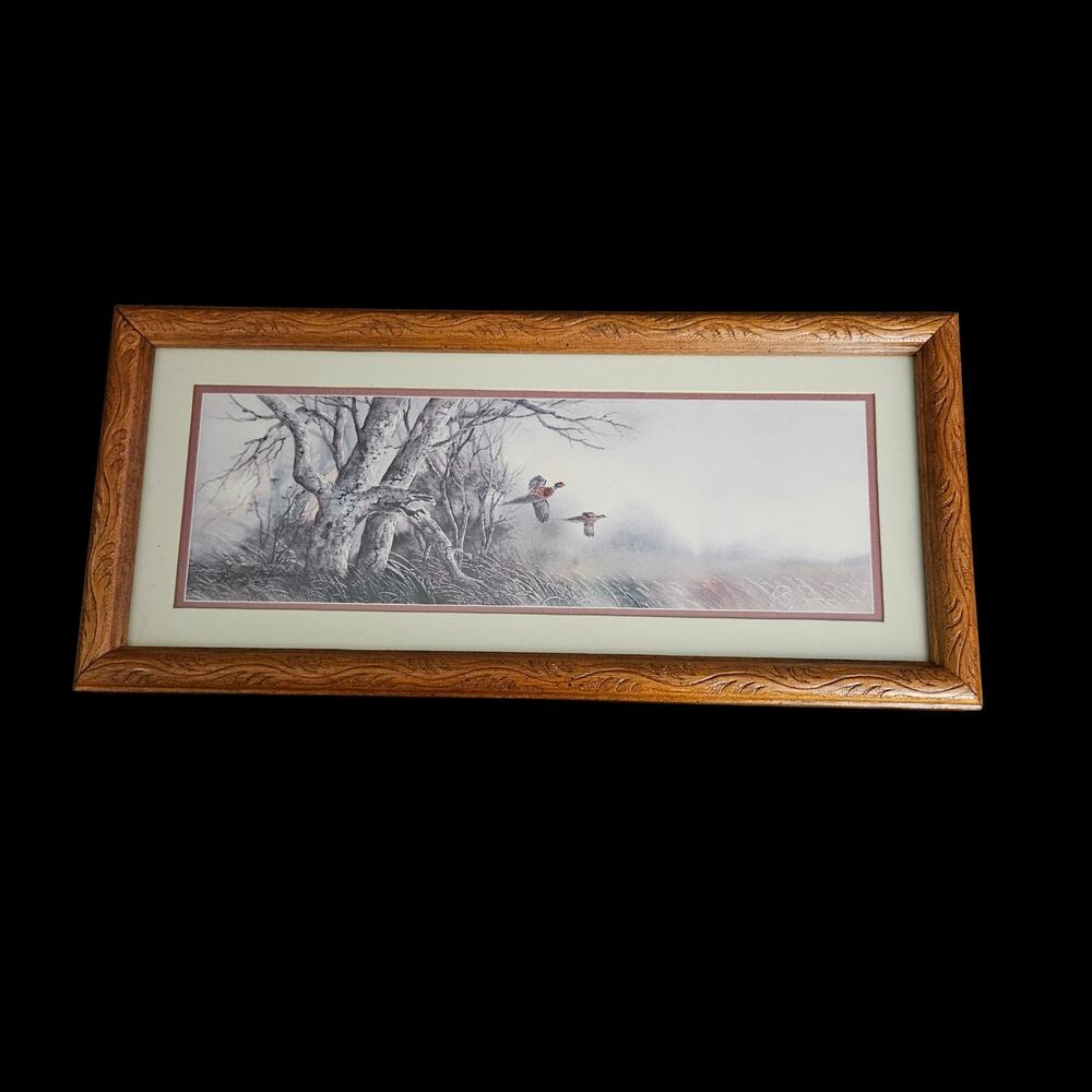 Framed Pheasant Bird Art Print Woodland Hunting Scene Ornate Wood Tone Frame